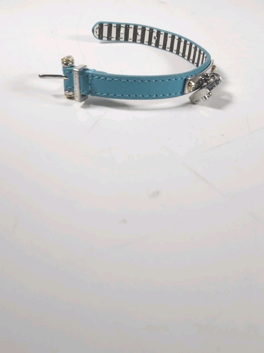 Henri Bendel Vintage Silver Tone Leather Lock Logo Bracelet Turquoise Blue - Picture 13 of 16